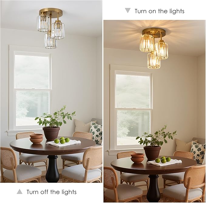 Gold Close to Ceiling Light Fixtures, 3-Light Crystal Ceiling Light with Clear K9 Crystal Shades, Modern Semi Flush Mount Ceiling Light for Hallway Kitchen Bathroom Entryway