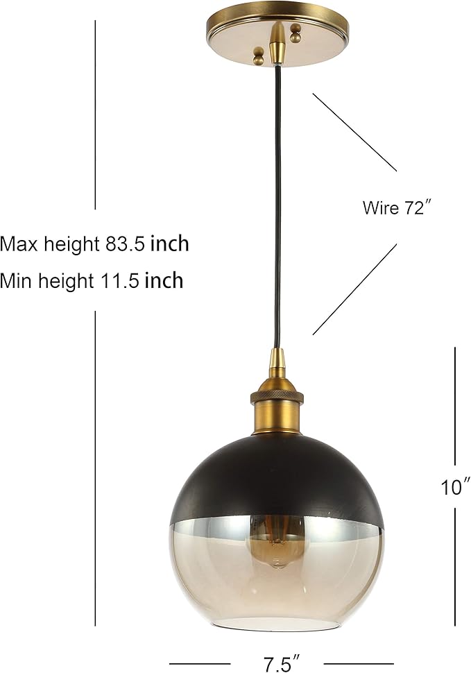 JONATHAN Y 7.5" Brass Gold/Black Mid-Century Modern Globe Pendant Light, Adjustable LED Hanging Ceiling Fixture, Champagne Smoked Glass Shade for Kitchen Island JYL3513A