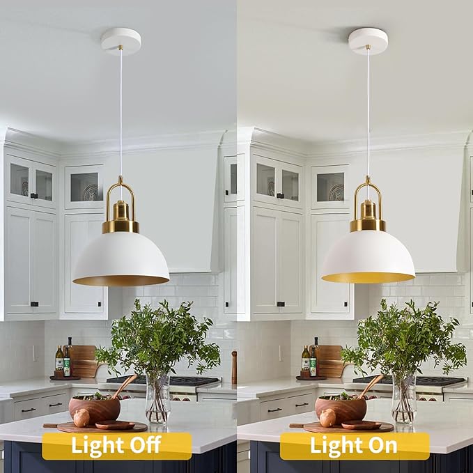 Vintage Pendant Light White and Gold Pendant Light with 9.84 Inch Round Dome, Brass Socket, and 78.74 Inch Cord - Perfect for Kitchen Island, Dining Room, Hallway