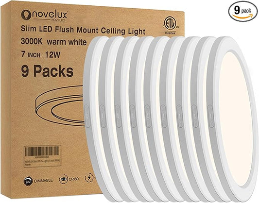 Flush Mount Ceiling Light Fixture - ETL Certified - 7 Inch Dimmable 3000K Warm White LED, 0.63'' Ultra Thin Round Design for Bedroom, Bathroom, Kitchen, Hallway, Basement, Closet (9-Pack)‌