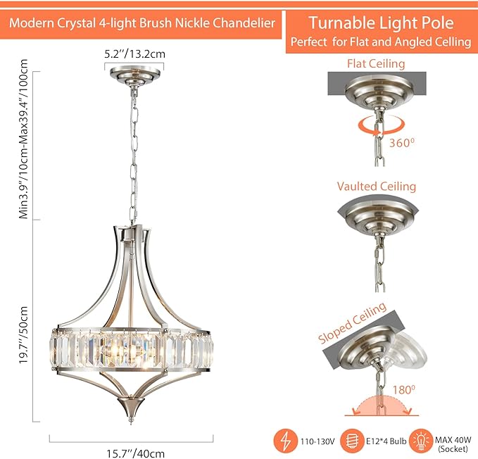 Crystal Chandeliers for Dining Room, Round Rustic Farmhouse Chandelier, Metal Shade, 4-Light Modern Brushed Nickel Chandelier for Hallway, Bedroom, Foyer