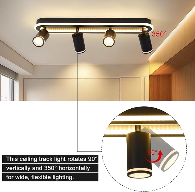 LED 4 Light Track Lighting Spotlight Kit, Black Ceiling Spotlights, Modern Track Light Fixture with Flexibly Rotatable Light Heads, 50W+20W Dual Lighting for Kitchen Living Room,Includes 4 x GU10 Bulb