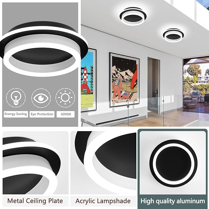 CAMEOE Modern Led Ceiling Light, 24W Black Led Hallway Ceiling Light Fixture, Small Round Flush Mount Ceiling Lights for Hallway Bedroom Kitchen Bathroom Entryway