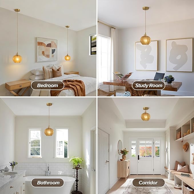 Amber Glass Pendant Light Fixtures,Vintage Antique Champagne Gold Pendant Lights Mid Century Modern Pendant Lights Suitable for Kitchen Island Dining Table Bedroom Bathroom and Above the Sink