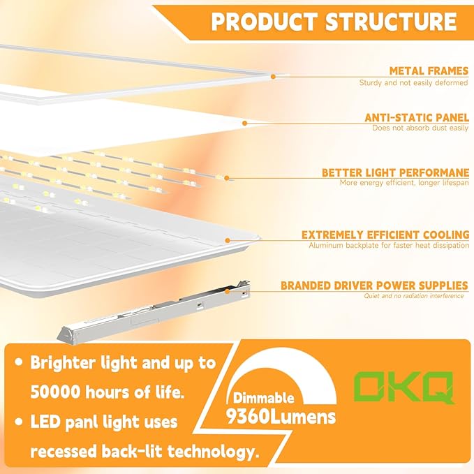 OKQ 2x4 LED Flat Panel Light Drop Ceiling Office Fixture, 5 CCT 3000K-6500K Adjustable & 5 Wattage Selectable,0-10V Dimmable, 2X4 LED Flush Mount Ceiling Light, ETL Listed 8Pack