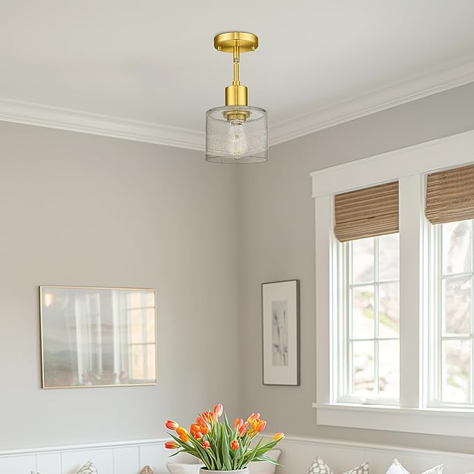 LMS Modern 1-Light Semi Flush Mount Ceiling Light, Brushed Gold Close to Ceiling Light with Seeded Glass Shade, Farmhouse Lighting for Hallway Corridor Kitchen, LMS-101GD