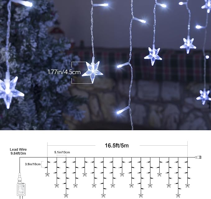 oopswow 16.5FT 200 LED Icicle Lights Outdoor, White Icicle Curtain Light,40 Drops 8 Modes with Timer Star Light,Hanging String Lights for Backdrop,Wedding,Party, Holiday,Xmas Decor,White