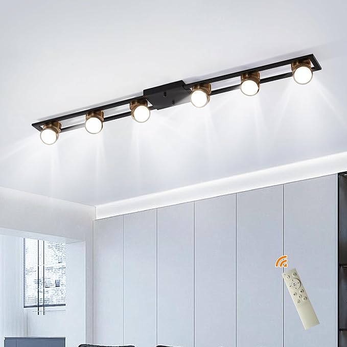 Garwarm Modern Ceiling Light Track Lighting Fixtures, 48.4 Inch Dimmable LED Kitchen Ceiling Light with Remote 6-Light Black LED Chandelier for Dining Room Bedroom