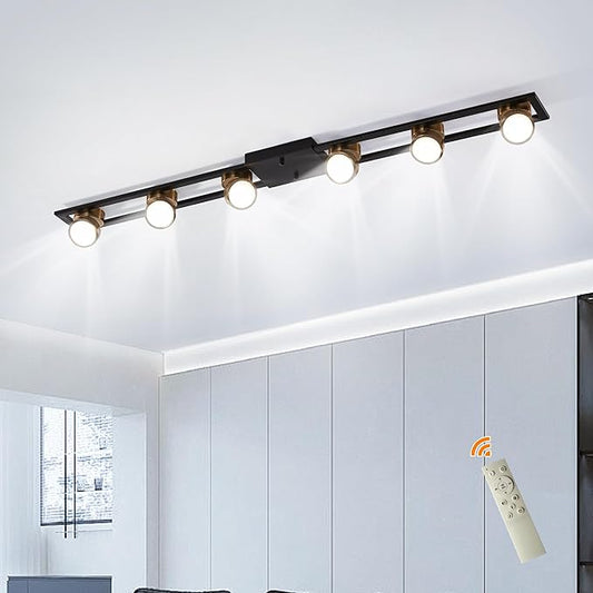 Garwarm Modern Ceiling Light Track Lighting Fixtures, 48.4 Inch Dimmable LED Kitchen Ceiling Light with Remote 6-Light Black LED Chandelier for Dining Room Bedroom