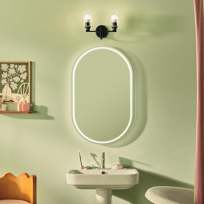 Kichler Gioe 14.25" 2-Light Bathroom Vanity Light Fixture with Clear Fluted Glass in Black, Damp Rated for Powder Room Over Mirror (14.25" W x 10.5" H), 55225BKFLU