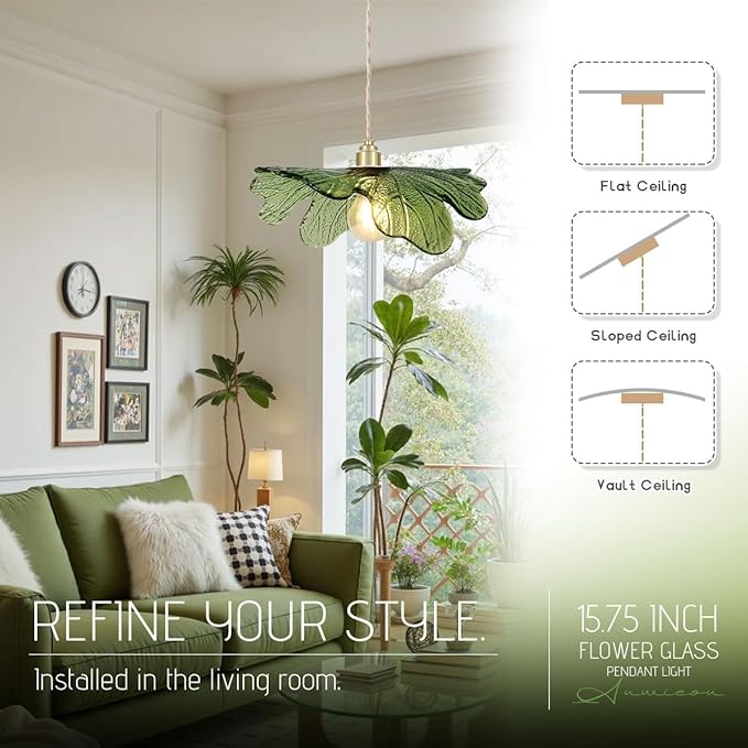 kitchen island pendant lights 15.74in glass pendant Chandelier mid century modern pendant light Hand Blown Ceiling Hanging Light Green Glass Shade vintage gold pendant lighting for bedroom dining room