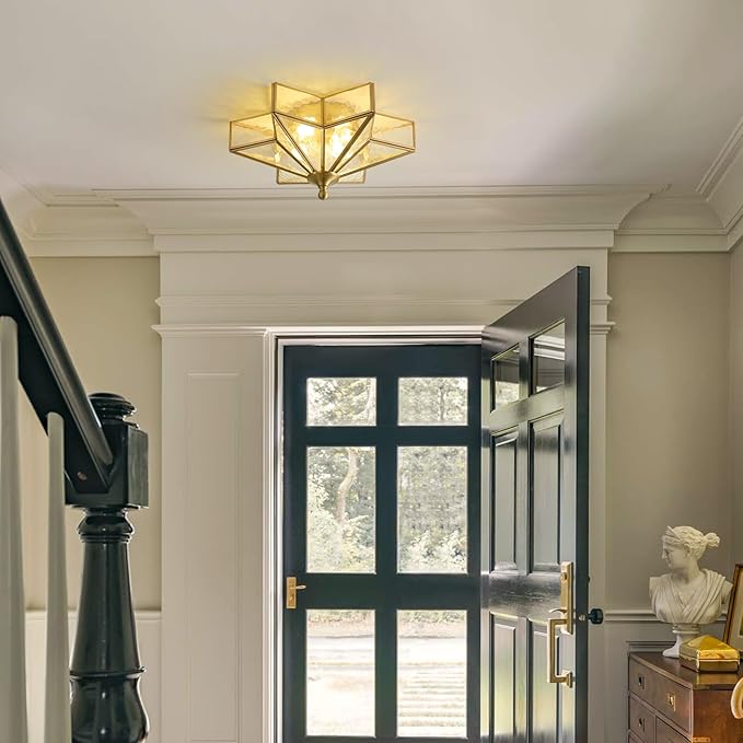 Star Brass Glass Ceiling Light - Small 12 in Gold Hammered Flush Mount Fixture - Unique Art Deco Vintage Modern Lighting Lights for Bedroom Dining Foyer Entryway Hall Hallway Outdoor Porch