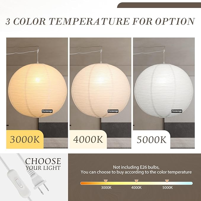 Paper Lantern Lamp Plug in Hanging Lamp 23.6in White Rice Paper Pendant Light with 19.7FT Cord Large Globe Japanese Japandi Wabi Sabi Chandelier for Dining Living Room Bedroom Office 1 Pack