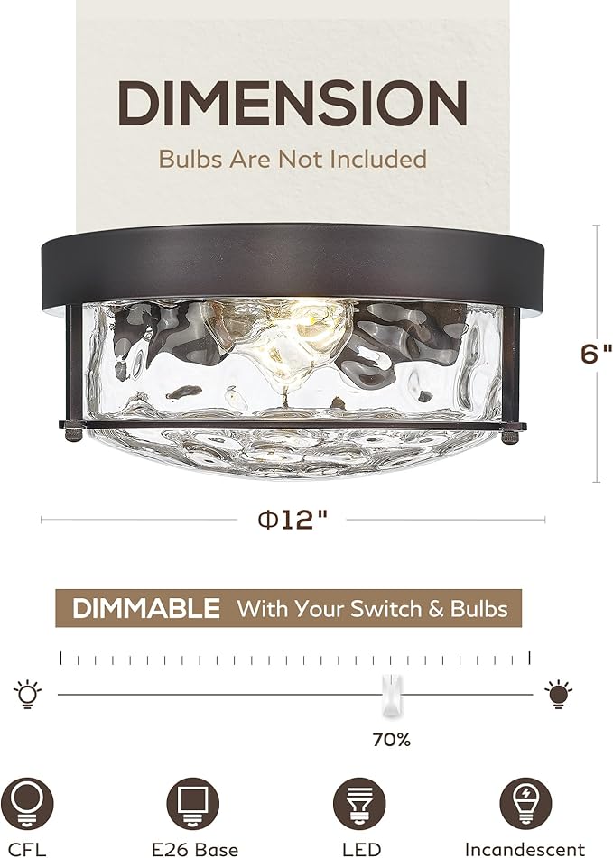 FEMILA 12" Flush Mount Ceiling Light, Modern Close to Ceiling Light Fixtures with Water Ripple Glass, E26 Base, 4FTJ22WG-F ORB