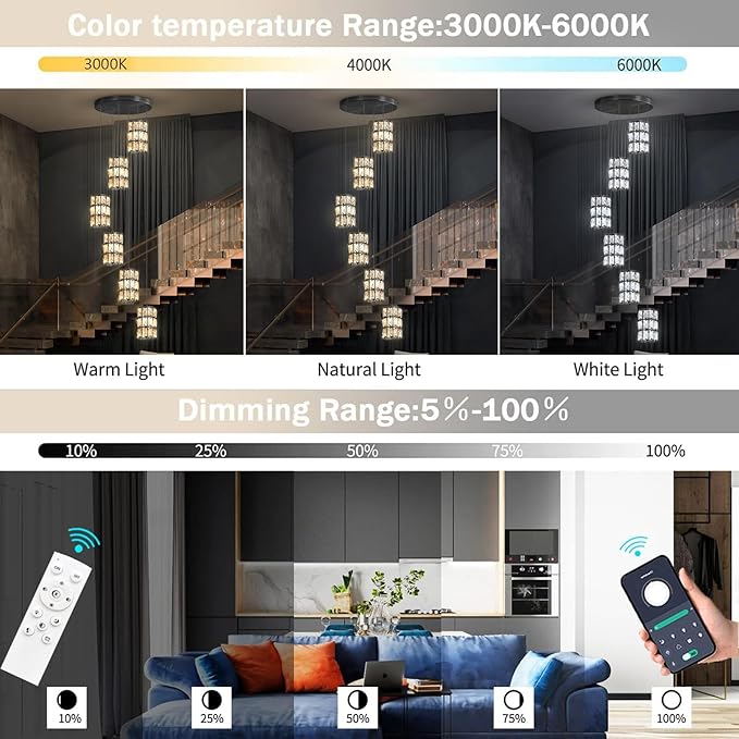 6-Lights Modern Crystal Pendant Lights for Kitchen Island LED Dimmable Glam Pendant Lighting Chandelier for Dining Room Hallway Corner Lamp Black