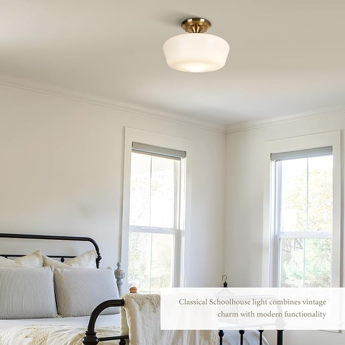 Schoolhouse Style Semi Flush Mount Ceiling Light with Dimmable Bulb Remote Control, 12" Modern Gold Hallway Ceiling Lamp with Opal Milk Glass Shade, Farmhouse Globe Light for Bedroom Kitchen Laundry