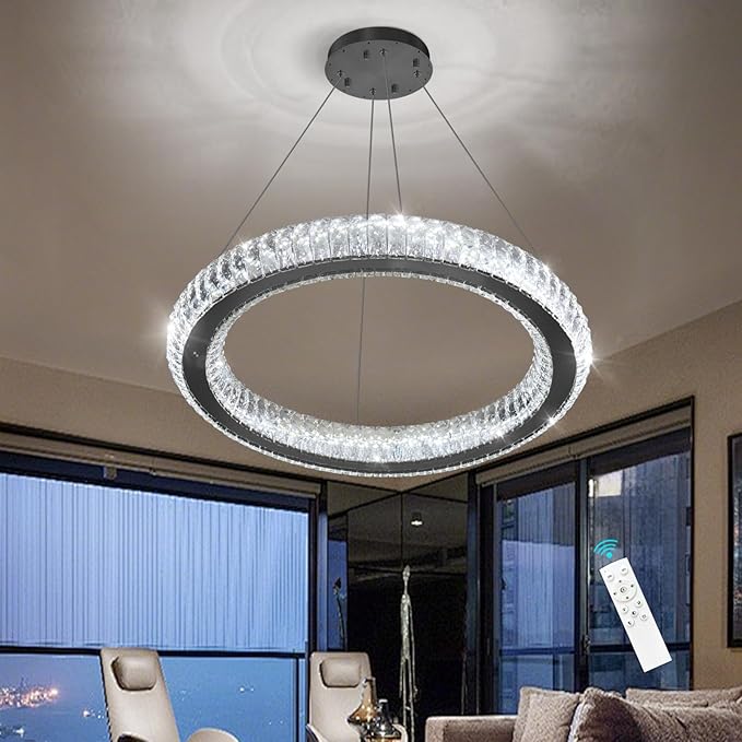 HAIXIANG Crystal Ring Chandelier Black Modern LED Pendant Lights for Dining Room Remote Dimmable Hanging Light Kitchen Island Entrance Bedroom Lighting Chandeliers