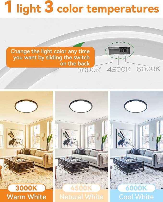 slochi 6PACK LED Flush Mount Ceiling Light Fixture Black, 9Inch 24Watt, 5000K Daylight Light, Ultra Slim Flush Mount Ceiling Lamp for Living Room, Dining Room, Hallway,NOT-DIMMABLE