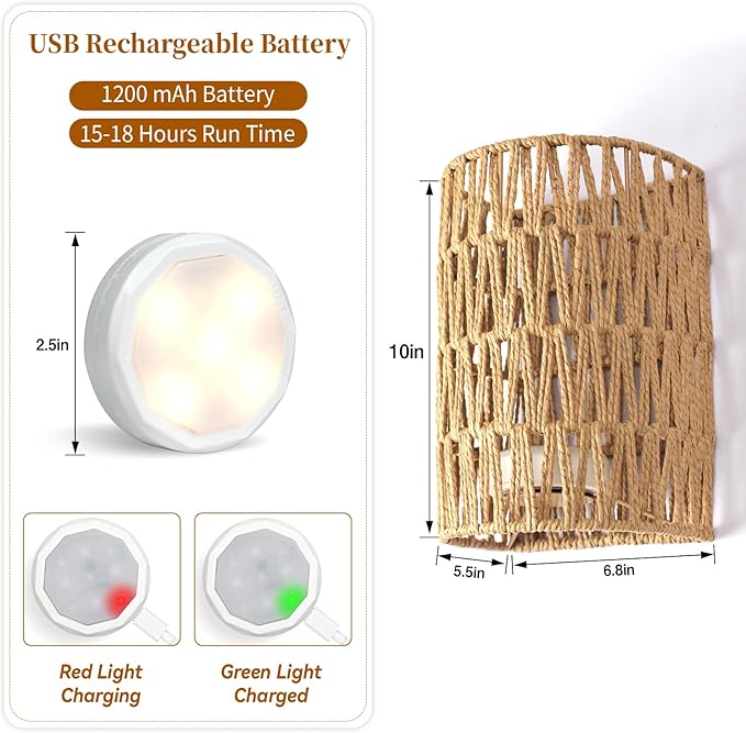 FINCMY Boho Wall Decor Rechargeable Wall Sconce, 18 RGB Colors Dimmable Wireless Wall Lights Battery Operated Wall Sconce for Bedroom Living Room Hallway, Natural Hemp Rope Boho Decor