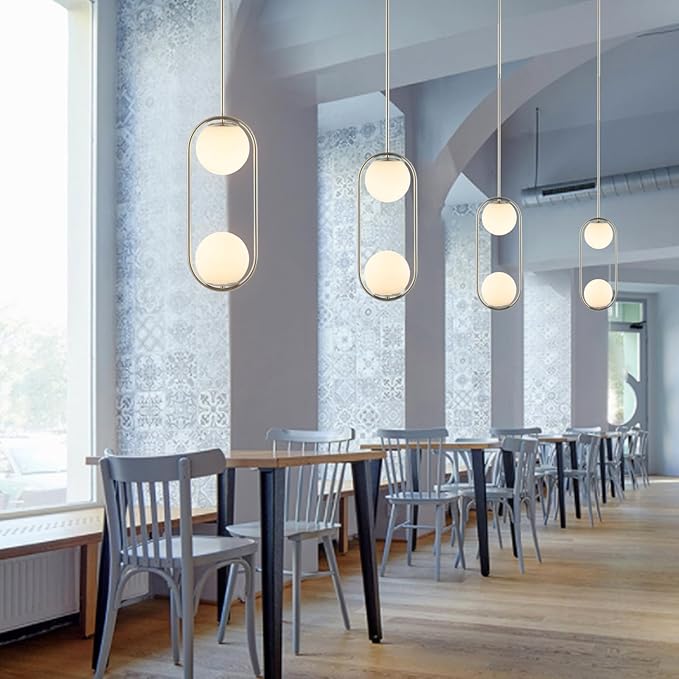 BYOLIIMA Modern Globe Pendant Light 2-Lights Brushed Nickel Chandelier Mid Century Ceiling Hanging Lighting Fixture White Globe Glass Shades for Kitchen Island Dining Room Bedroom