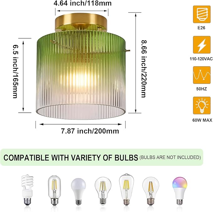 Modern Semi Flush Mount Ceiling Light, Vintage Gradient Green Glass Ceiling Light Fixture, for Closet Dining Room Kitchen Bedroom Entryway Hallway Hanging Lamp