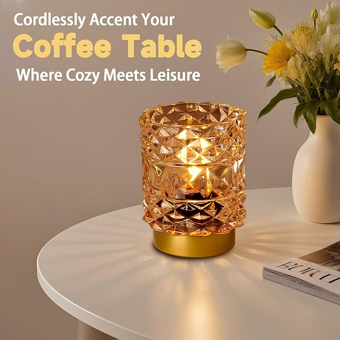 MJ PREMIER Battery Operated Lamp with Timer, Cordless Table Lamps for Shelf Decor, Rhombus Texture Aesthetic Crystal Lamp, Small Decorative Lamps for Bedroom/Bathroom/Kitchen/Entryway/Dorm (Yellow)
