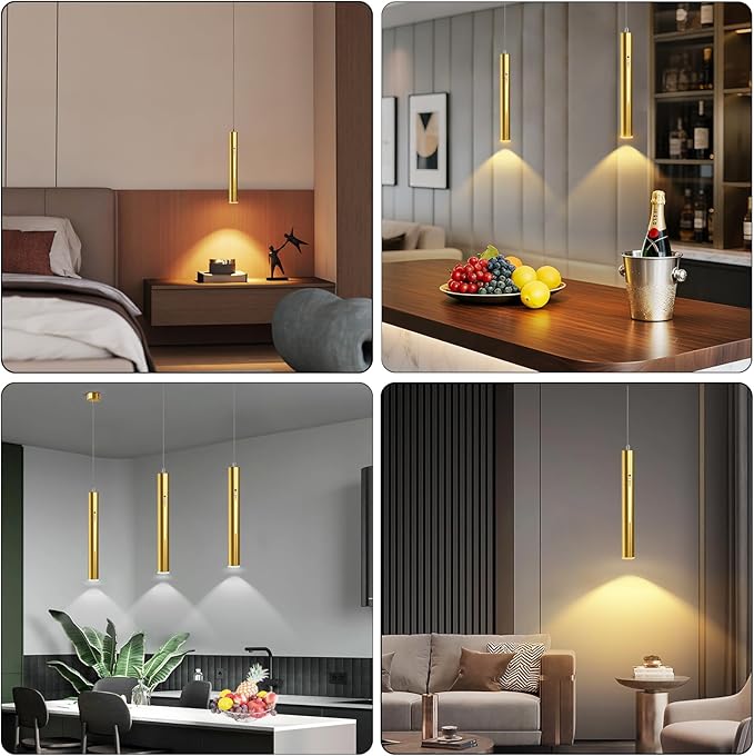 Lightess Battery Operated Pendant Light with Motion Sensor, 3 Color Dimmable Rechargeable Hanging Light with Remote, Modern Gold Pendant Light Fixtures for Dining Room Hallway Bedroom