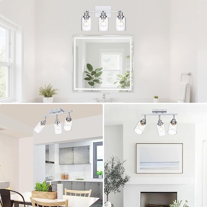 3-Light Track Lighting Kit Ceiling Kitchen Track Lighting Fixtures Chrome Bathroom Vanity Wall Lights with Clear Glass Multi-Directional Rotating Tracking Light Heads Spotlight for Accent Shop