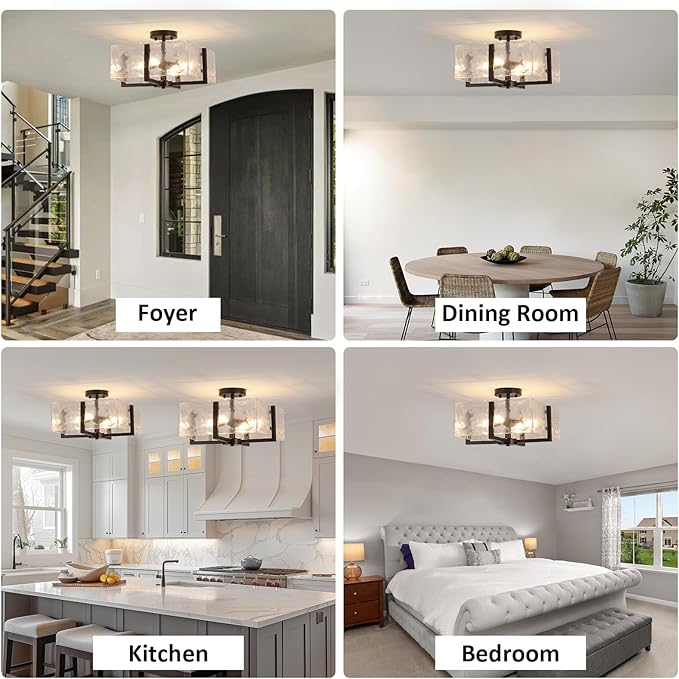 Black Semi Flush Mount Ceiling Light 4-Light Glass Light Fixtures Ceiling Mount,14.96" Modern Farmhouse Light Fixture for Foyer, Hallway, Entryway, Dining Room, Kitchen, Bedroom, Porch
