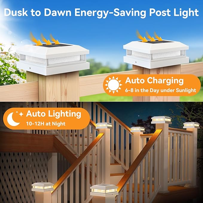 4x4 Solar Post Cap Lights Outdoor 16 Packs for 5x5 Vinyl/Wooden Posts, Waterproof Solar Powered Fence Cap Light with Warm/Cool Lighting, White 16LEDs Deck Caps Lights for Yard, Garden, Patio