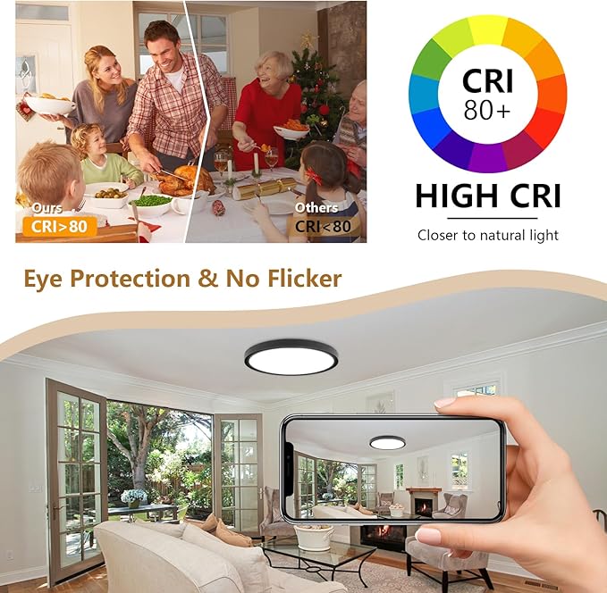 6PK 12 Inch Super Slim LED Flush Mount Ceiling Light, 24W, 2520LM, Selectable 3000K/4000K/6000K CCT, Low Profile Round Flat Panel Light for Bedroom, Kitchen, Hallway (Black)