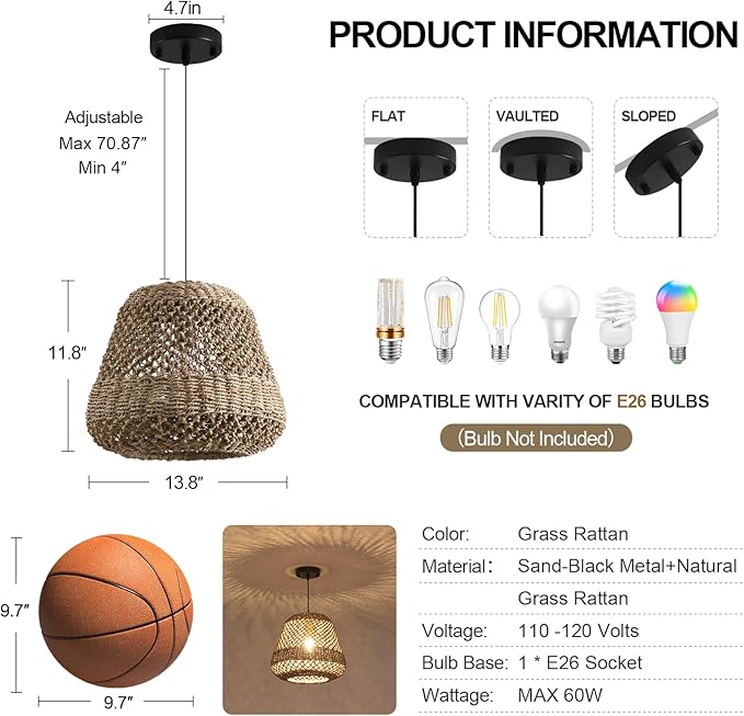 13.8" Rattan Pendant Light,Boho Hand Woven Wicker Hanging Light Seagrass Rattan Chandelier for Dining Living Bedroom Farmhouse Kitchen