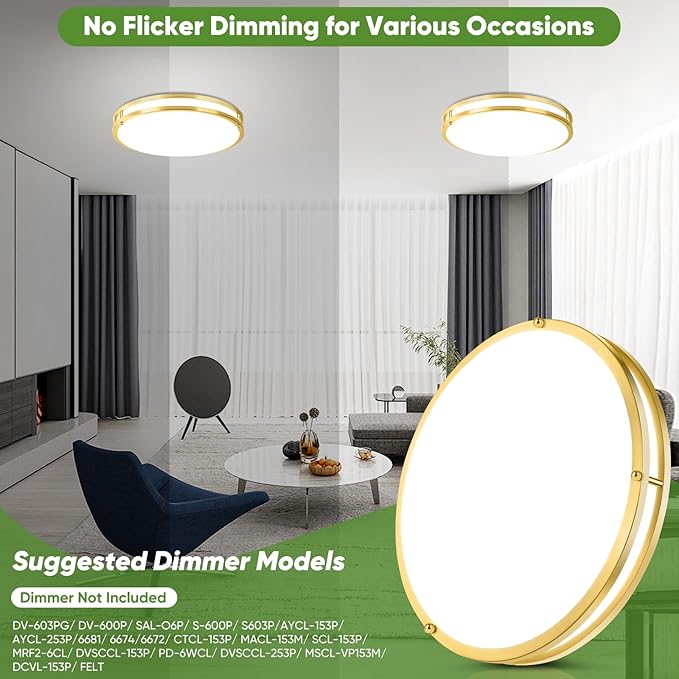 TOBUSA 16in 50W LED Flush Mount Ceiling Lights 5600lm Super Bright, Dimmable LED Light Fixtures 2700K-6500K 5CCT Adjusted, 2-Pack Modern Light Fixture Ceiling for Living Room Bedroom Kitchen, Gold