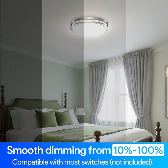 Energetic 14 Inch LED Flush Mount Ceiling Light Fixture, 3000K/4000K/5000K Color Adjustbale, Dimmable Ceiling Light for Bedroom, Kitchen, Bathroom, Study, 24W, 1560LM, Nickel, ETL Listed, 1 Pack