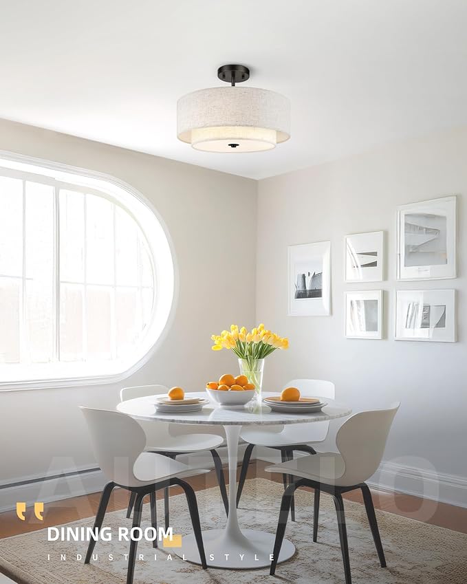 AUTELO 16" Semi Flush Mount Ceiling Light, 3-Light Modern Flush Mount Ceiling Light in Black Finish with Drum Fabric Shade for Hallway Bedroom Kitchen, C2506 BK-16