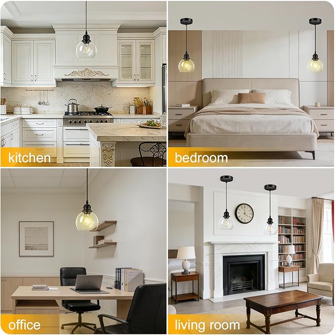 Pendant Lights Kitchen Island, Black Pendant Light with Glass Lampshade, 71 Inch Adjustable Hanging Lamp for Kitchen Living Room, Modern Farmhouse Industrial Ceiling Lighting Fixture(E26 Base,No Bulb)