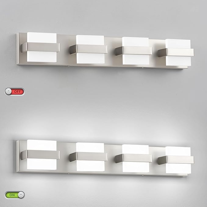 SOLFART Brushed Nickel Bathroom Light Fixtures, 4 Lights Bathroom Vanity Light，Dimmable LED Vanity Lights Nickel Vanity Lighting