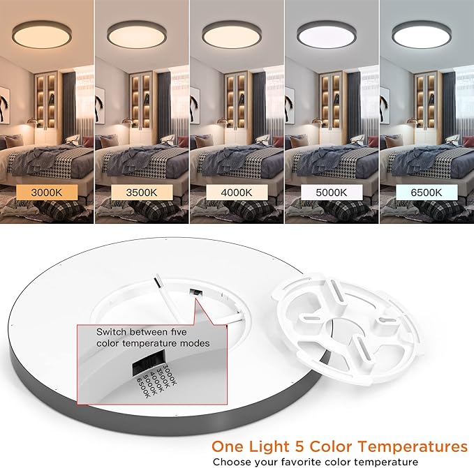 TALOYA Black 6 Pack Led Ceiling Fixture Flush Mount for Kitchen Living Room Garage Foyer, 3000K/3500K/4000K/5000K/6500K 5-in-1 CCT Selectable, 12 Inch 20W Ultra-Thin Surface Mounted Light Fixture