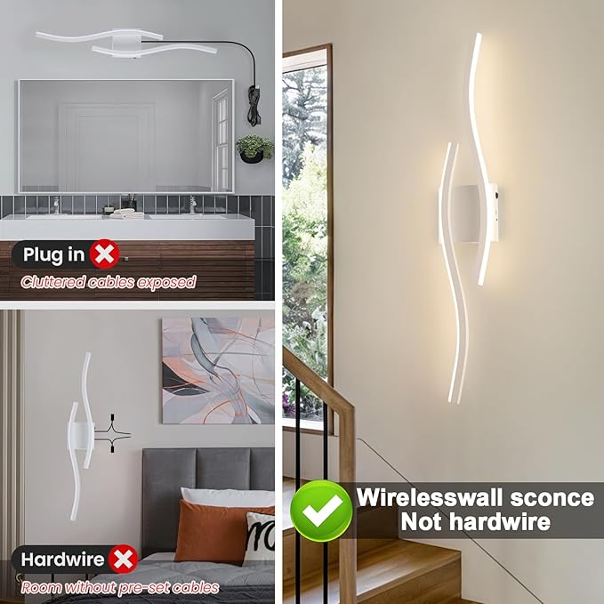 Modern LED Wall Sconce Set of Two, Dimmable Battery Powered Wall Sconces, 3000K-6500K LED Wireless Wall Light with Remote, Wall Lamp Indoor not Hardwired for Room Bedroom Corridor（White）
