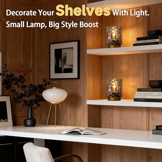 Battery Operated Lamp with Timer, Cordless Table Lamps for Shelf Decor, Rhombus Texture Aesthetic Crystal Lamp, Small Decorative Lamps for Bedroom/Bathroom/Kitchen/Entryway/Dorm (2 Pack Grey)