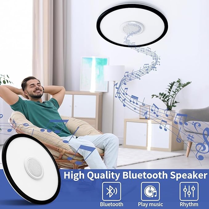 RGB LED Ceiling Light, with Bluetooth Speaker, 24W 11Inch Smart Music Ceiling Lamp with App and Remote Control, 3000K-6500K Color Changing Lights Fixture for Child Bedroom Bathroom, Black