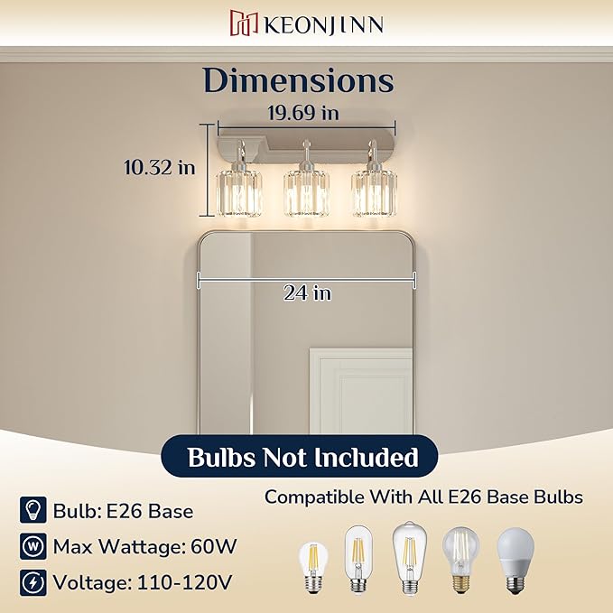 Keonjinn 3-Light Chrome Bathroom Light Fixtures, Crystal Bathroom Vanity Lights Over Mirror, Chrome Vanity Lighting Fixtures with Crystal Square Shades (E26 Base, Exclude Bulb)