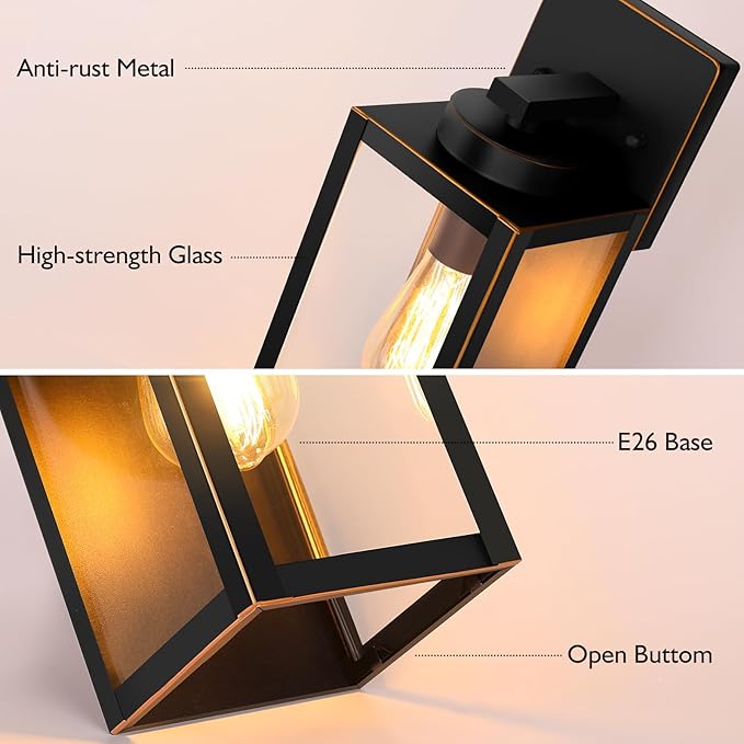 BesLowe Outdoor Wall Light Fixtures, Exterior Waterproof Wall Lanterns, Porch Sconces Wall Mounted Lighting with Glass Shades, Modern Wall Lamps for Garage Front Door Entryway, Black with Gold Trim