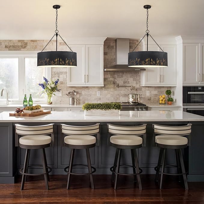 24" Matte Black Drum Chandelier,6-Light Modern Vintage Pendant Lights with Hand-Brushed Gold Finish,Adjustable Hanging Light Fixture for Dining Room,Kitchen Island,Living Room,Entryway
