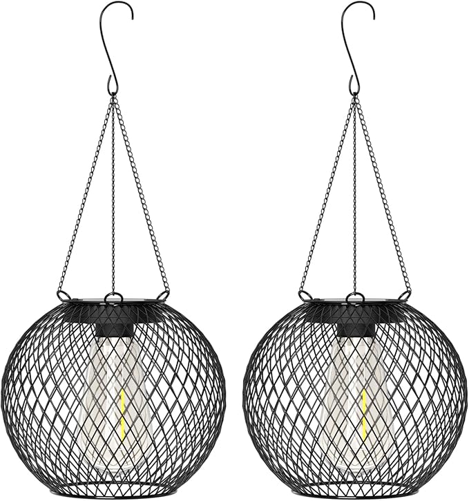 HOTEAGLE Solar Hanging Lights, Waterproof Outdoor Decorative Globe Lanterns with Vintage Edison Bulb, LED Retro Metal Mesh Pendant Light for Garden, Patio, Yard, Tree Decor (Black-2-Pack)