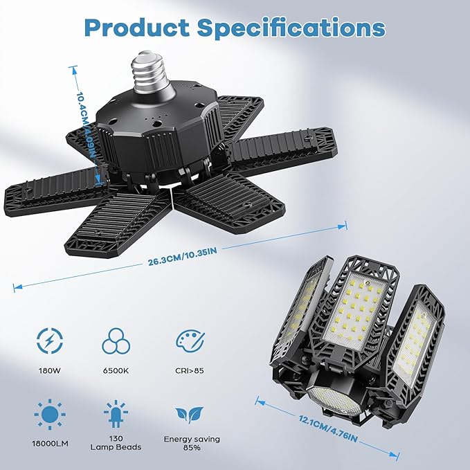 2 Pack Garage Light - 180W 18000 LM 6500K Deformable Garage Lights Ceiling LED with 6+1 Adjustable Panels, Shop Lights E26/E27 Screw Socket for workshops, Parking, Basement, Storage Room