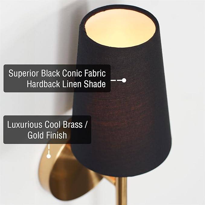 Kira Home Torche II 15" Petit Mid Century Modern Gold Wall Sconce with Tapered Black Linen Shade, Gold Wall Light with Slim Black Cone Shade, Cool Brass Finish