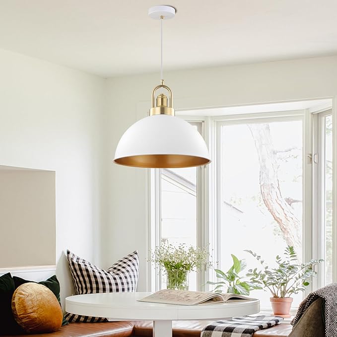 Modern Large Pendant Light 13.8 inch, White Dome Metal Shade with Brass Accent, Minimalist Chandelier for Kitchen Island, Dining Room