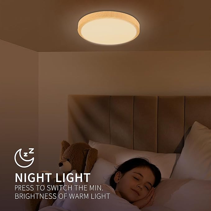 Modern Dimmable Wood Flush Mount Ceiling Light, 3500K-6500K 3CCT Round Close to Ceiling Lighting Fixtures, Minimalist LED Ceiling Lamp for Bedroom, Kitchen, Hallway, Laundry Room-8inch