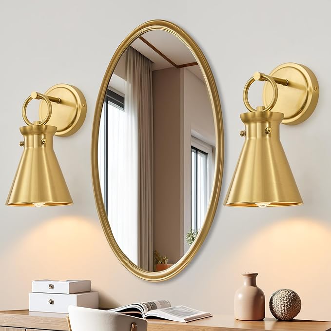 Gold Wall Sconces for Bathroom, Modern Vanity Light Fixtures, Wall Mount Lighting Farmhouse Wall Lights with 6 Inch Metal Lampshade for Bedroom Living Room Mirror Kitchen (Gold Metal, 2 Pack)